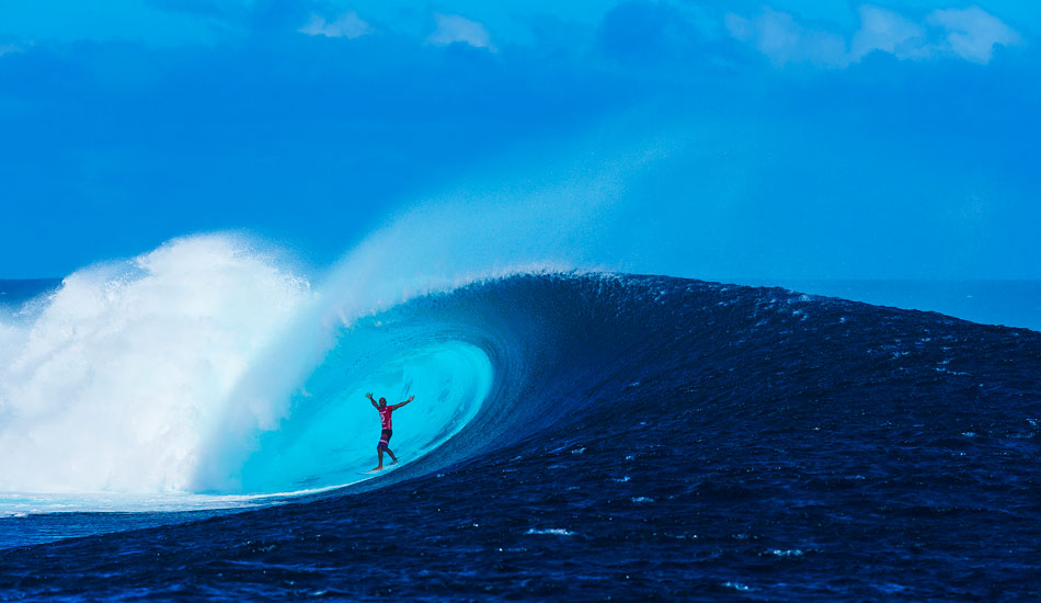Kelly Slater again on one of the most amazing waves I have seen ridden in a contest. I managed to shoot this from the Volcom boat that was anchored in the channel. I was standing next to my mate Andrew Christie yet we both have different perspectives. Shooting contests is always a challenge to get something that the next guy hasn\'t. KS got clipped at the end of the wave, but man it was a pretty special moment. Photo: <a title=\"Nate Smith Surf Photos\" href=\"https://www.natesmithphoto.com/\" target=\"_blank\">Nate Smith</a>