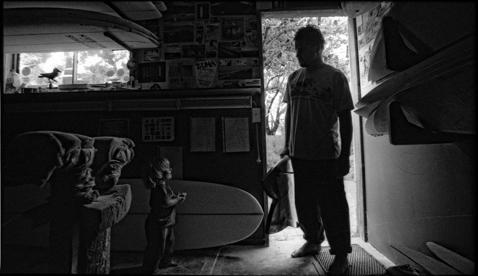 This is my son Malaiah with my friend and shaper, Mick Mackie. I\'ve joked as to how similar they are. They certainly share a cheeky perspective of the world. They get on like old friends. Photo: <a href=\"https://www.submerge.com.au\" target=_blank>Dean Dampney</a>.