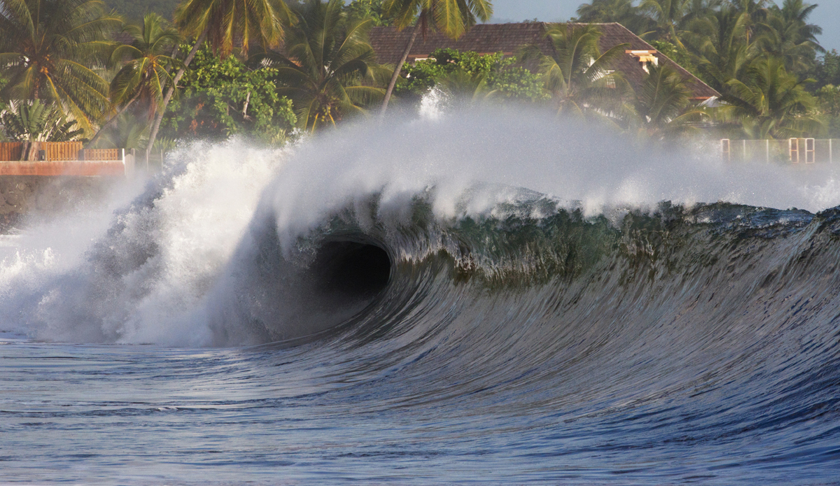 Punaauia Code Red Shorey: Punaauia shorebreak looking awfully familiar to Waimea shorebeak during the Code Red swell of 2013. Shot this from my good friend and Teahupo’o charger Alvino Tupuai’s wall. Photo: <a href=\"https://instagram.com/evanfa\">Evan Fa</a>