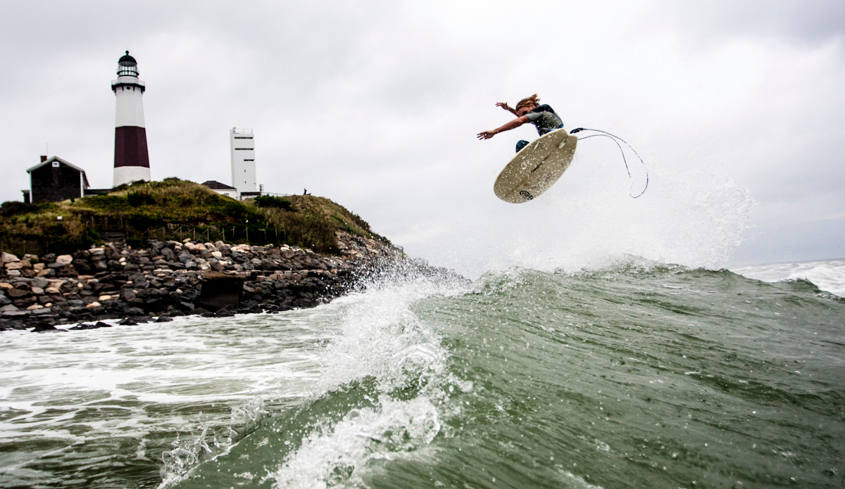 Leif Engstrom airing one out in front of a Montauk landmark.