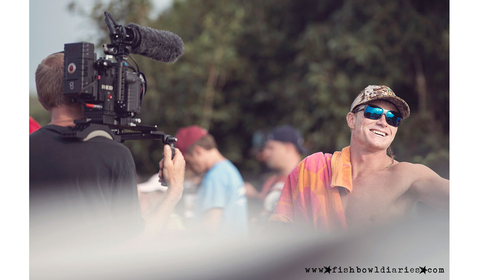 Mark Healey, laughing in the face of danger. Photo: <a href=\"https://fishbowldiaries.com\">Sofie Louca - Fish Bowl Diaries</a> 