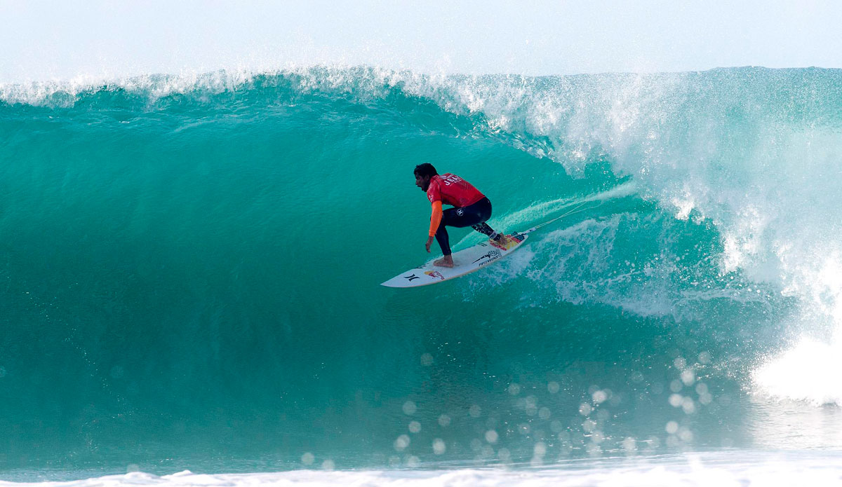 Michel Bourez of Tahiti (pictured) advanced into Round 3 of the Jeffreys Bay Open, defeating Raoni Monteiro (BRA) and Adrian Buchan (AUS) in Round 1 with a heat total of 12.90 points (out of a possible 20.00) at Supertubes, Jeffreys Bay today. Photo: <a href=\"https://www.aspworldtour.com/\">ASP</a>/Cestari