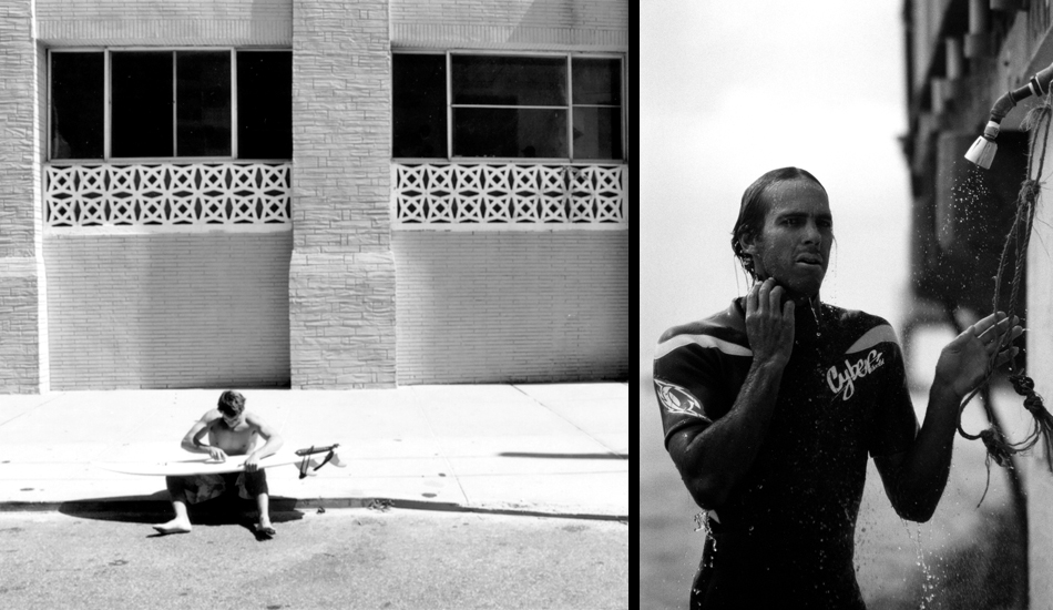 Lincoln Avenue, Long Beach, NY. (L) Waxing up before the paddle. (R) Shea Lopez after losing a head in the UnsOund Pro. Photo: <a href=\"https://www.timelessride.com\">Jim Cook</a>