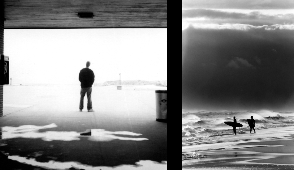 Right around the time I got into surfing in 2000, Robert Moses was the spot to be. (L) Field 5 surf check. (R) Post session, pre storm. Photo: <a href=\"https://www.timelessride.com\">Jim Cook</a>