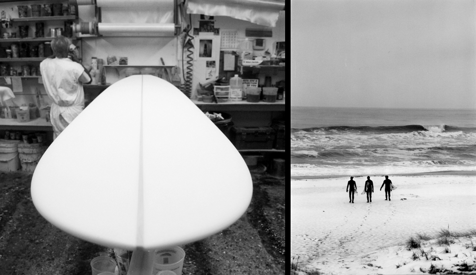 (L) Foam waiting for the fabric. Nature\'s Shapes factory. (R) Bitter cold surf check at Gilgo beach. Photo: <a href=\"https://www.timelessride.com\">Jim Cook</a>