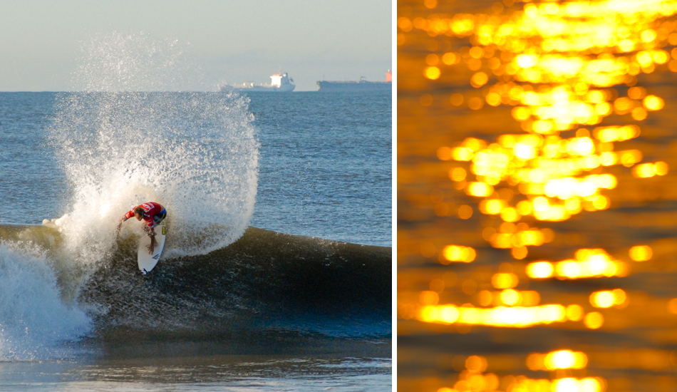 L) Taj Burrow backside hack at the 2011 Quiksilver Pro Long Beach, NY. (R) Glistening afternoon water at one of Long Island’s best left hand points.  Photo: <a href=\"https://www.timelessride.com\">Jim Cook</a>