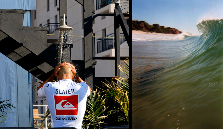L) Kelly Slater showering off after defeating Josh Kerr at the 2011 Quiksilver Pro Long Beach, NY. (R) Atlantic Terrace beachbreak, Montauk, NY.  Photo: <a href=\"https://www.timelessride.com\">Jim Cook</a>