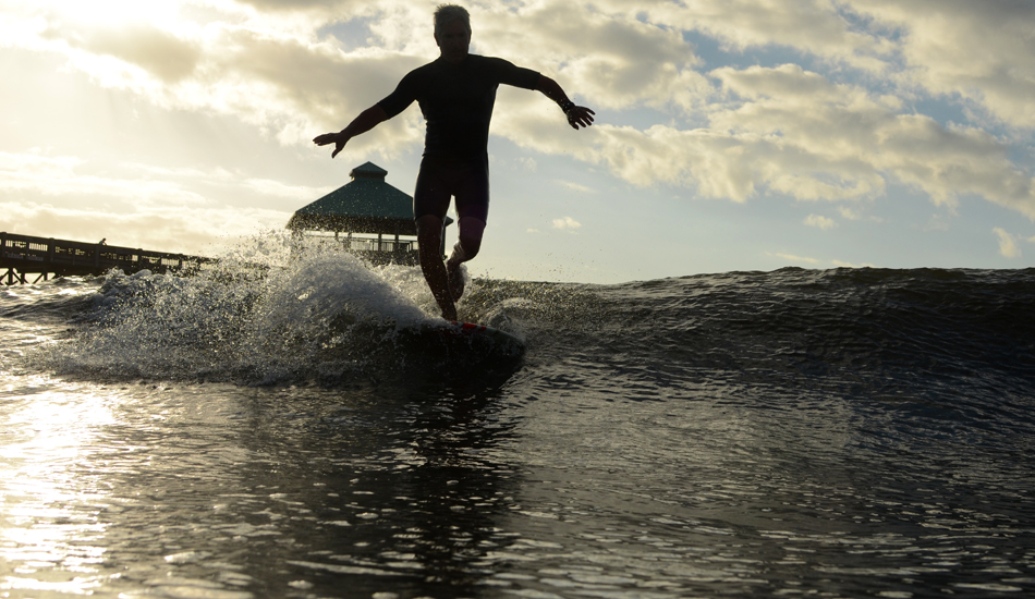 Paul Martin enjoying a Folly pier left. The pier offers long mellow lefts and a nice,relaxed vibe.  Photo: <a href=\"https://follyhood.blogspot.com\">Justin Morris</a>