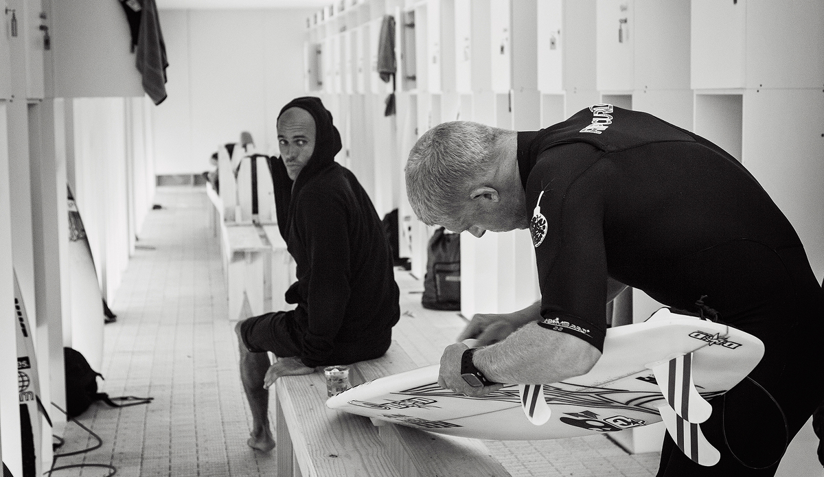 Two titans of their sport, Kelly Slater and Mick Fanning. Photo: <a href=\"https://www.kirstinscholtz.com/\">Kirstin Scholtz</a>