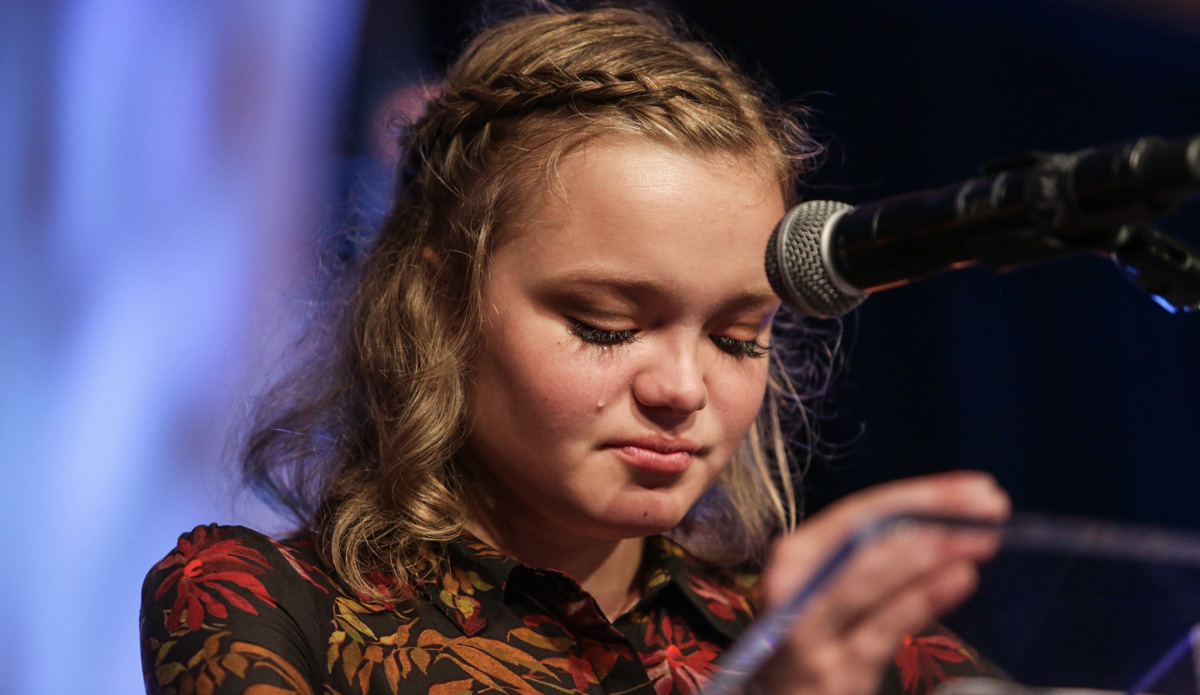 17-year-old CF ambassador Shelby Klug pauses for a moment as she describes her life with cystic fibrosis to the 800+ Pipeline attendees. Photo: Cystic Fibrosis Foundation