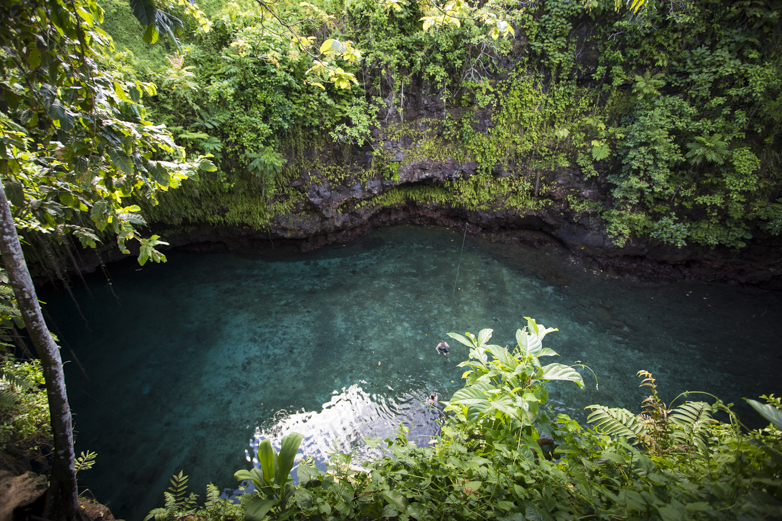 To Sua Ocean Trench, a giant swimming hole connected to the ocean by an ancient lava tube, rests a massive 100 feet in the earth. Those who brave the slick, steep wooden ladder down are rewarded with cool water and an other-worldly jungle experience.