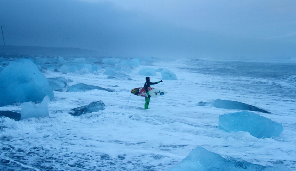 Mid winter Iceland. Snow fall, only about four hours of light, a wind chill way below freezing and a field of Icebergs to get through before you can surf. Ian Battirck getting ready for a standard solo session. Image: <a href=\"https://www.timnunn.co.uk\" target=\"_blank\">Nunn</a>