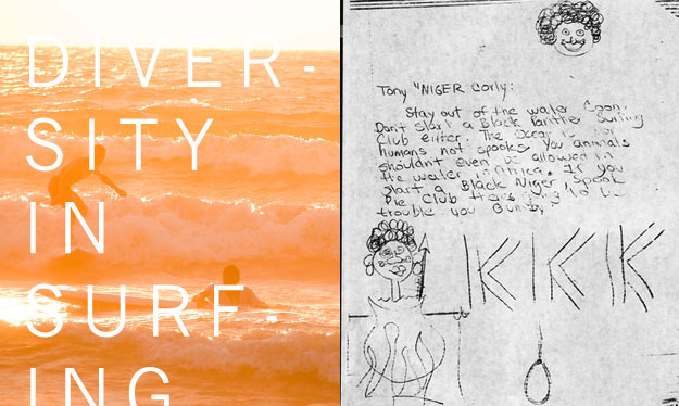 Palestinian and Israeli surfers find common ground in the lineup through a documentary by Alex Klein. A piece of hate mail delivered to Black Surfing Association president Tony Corley. Images: Klein (L), Corley (R)