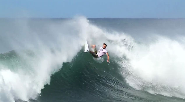 A frame grab from Dane Reynolds' layback heard round the world at the Reef Hawaiian Pro at Haleiwa. 