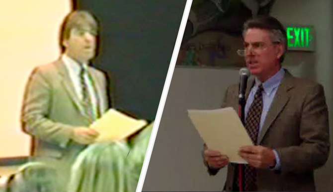 Lance, then (1984) and now (2004), reading the same speech, in the same jacket.