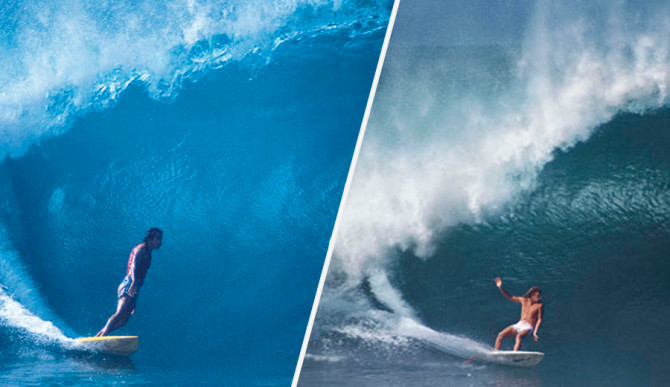 The best wave in the world put Gerry Lopez (L) and Wayne "Rabbit" Bartholomew (R) head-to-head.
