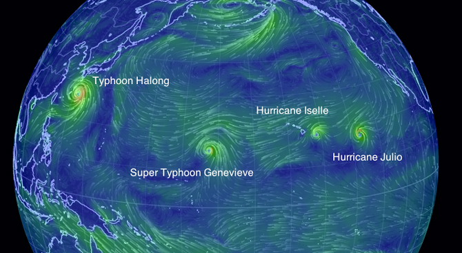 August 7: Four hurricanes in the North Pacific. Image: Global Wind Map