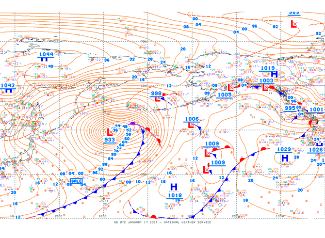 Strong low pressure surrounded by areas of high pressure over the North Pacific. Image: NWS