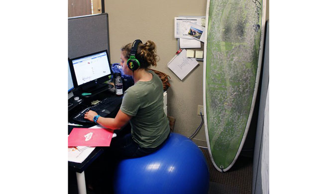 My first desk job - in the zone listening to music and balancing on my ball.