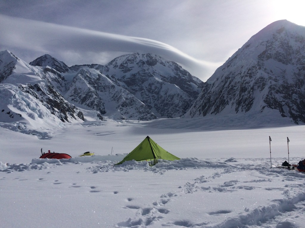 Our cooktent at Camp 1, with the Northeast Fork of the Kahiltna and an ominous lenticular over Denali’s summit serving as backdrop.