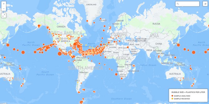 This map shows the location of water samples collected as part of ASC’s microplastics research. The size of the circle indicates the concentration of microplastics found in the sample. Image: adventurescience.org