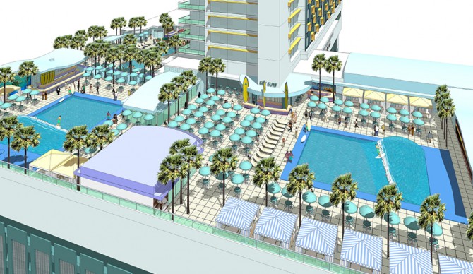 The Skyplex Surf Park will sit atop Orlando's new massive development, with 3 wave pools, cabanas, and a beach area. 