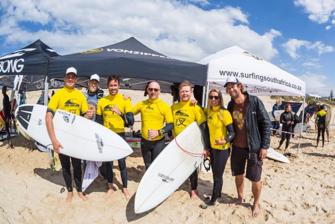 The Joburg Boardriders, South Africa's first-ever landlocked surf team. From left to right: Nathan Gernetzky, Shane Rielly (manager) , Shane Warren, Byron Loker, Kevin Trevaskis, Tasha Mentasti, and Dominic Barnardt (photographer).