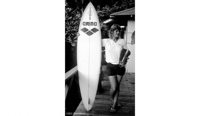 Sandy Ordille with her Bill Barnfield surfboard in Hawaii, 1977