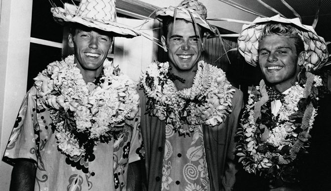 Joe Quigg, Matt Kivlin, and Tom Zahn returning home on the Lurline after a splendid trip to Hawai‘i in 1947. Photo: Joe Quigg Collection