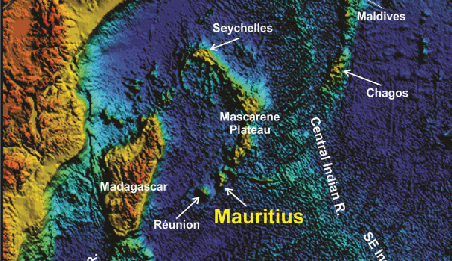 Topography of theIndian Ocean shows Mauritius, where researchers discovered a lost continent. Image: (Lewis Ashwal/Journal of Petrology/Oxford University Press