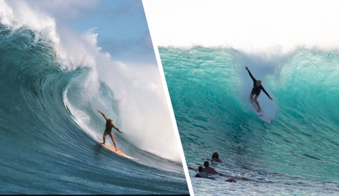 Like father, like son. Richard Schmit, who placed third at the 1990 Eddie, and his son, Richard Jr. share a few stylistic sensibilities in heavy surf, no? Photos: (L) Aaron Chang courtesy (R) Both Courtesy of Schmidt Family