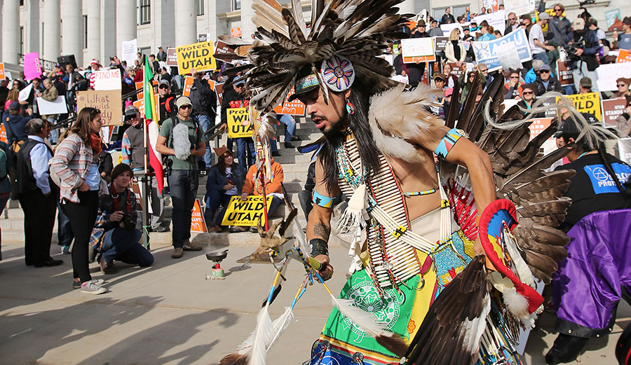 Supporters of the Bears Ears and Grand Staircase-Escalante national monuments during a rally Saturday, Dec. 2, 2017 in Salt Lake City. Image: AP Photo/Rick Bowmer