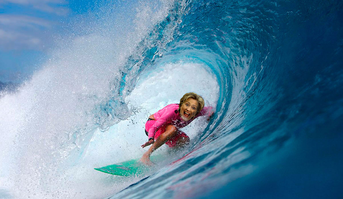 Hillary Clinton going mad in her Round 3 matchup with Monica Lewinsky at the 2015 Billabong Pro Tahiti.