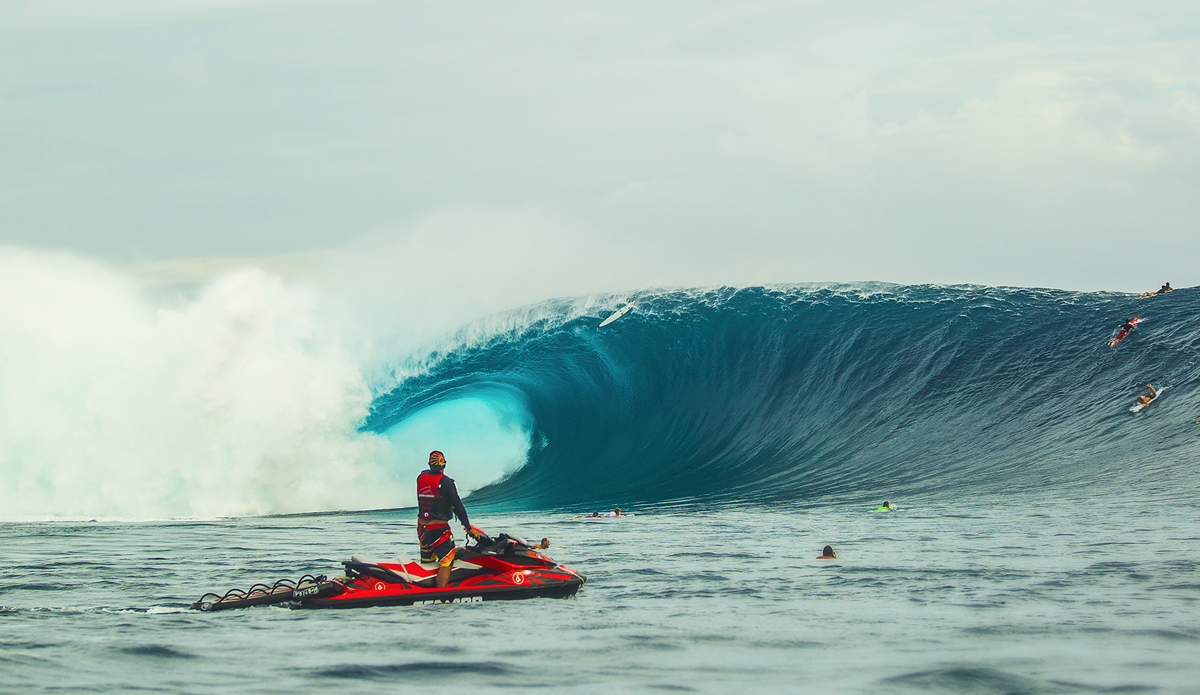Fiji during the Volcom Fiji Pro. The most perfect day I have ever seen in my whole life. That\'s Mark Healey\'s board going over with Kaiborg on the ski moments before grabbing Mark. Photo: <a href=\"https://www.brianbielmann.com\">BrianBielmann.com</a>