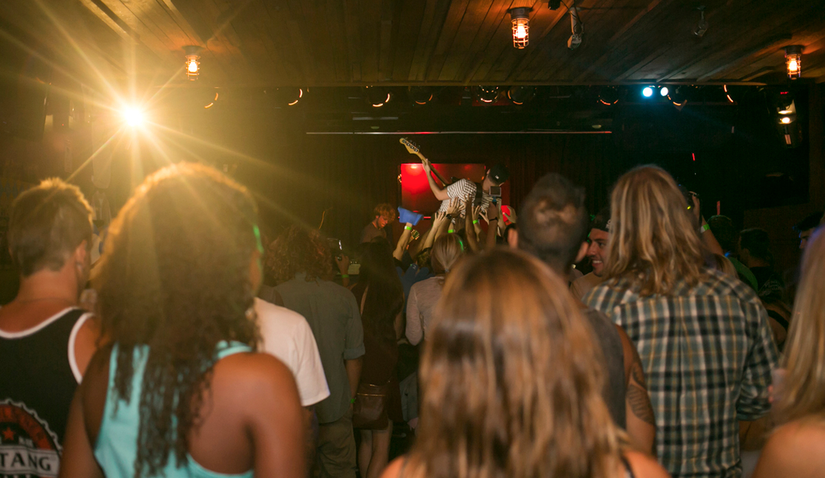 TFL\'s bassist Scott Ruth with the iconic stage dive. Photo: Steve Thrailkill