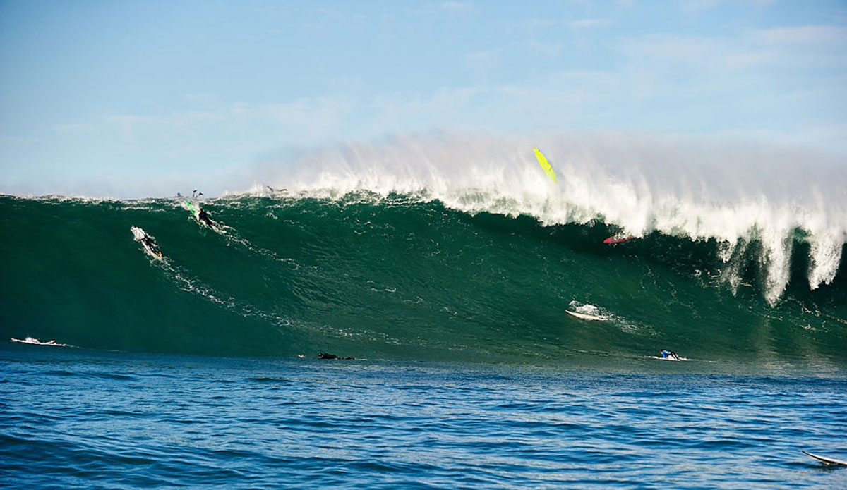 Jake Trette, Mavericks:  This is not a great shot at all, sitting in the channel at Mavericks on Ken Collins\' ski and taking a few photos now and then, I was actually thinking of getting a few waves myself. It looked like the perfect day to sneak a few waves; a beginner\'s day, some might say. I am certainly glad I didn’t make that decision because out of nowhere these two absolute bombs came through and caught the pack completely out of place. For experienced Maverick\'s surfers, it\'s not so much of a problem, but for surfers that were inexperienced out there, it was life changing. 9-10 foot guns going over the falls only to get another bomb on the head; Jake Trette was an unlucky recipient of a two wave hold down. I was lucky enough to be in the right place at the right time and make the right decisions so Jake could see his son and family again. At the time it was just another day, just another photo. I wouldn’t have dreamed that a life long friendship with Jake and his family would have come from sitting on (what I discovered after the fact) an illegal jet ski at Mavericks. Photography for me is about the people I have met on the way. The circumstances that lead to that day were incredible. I am so bloody grateful for the relationships this image has created. Photo: <a href=\"https://www.russellord.com\" target=\"_blank\">Russell Ord</a>