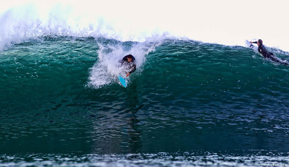 The afternoon water color looked a little foul due to the sunlight filtering through the sand and silt. I don\'t usually shoot during the afternoon, but I went to the marquee spots looking for the deep colors found in clear, kelpy water. Here\'s that deep, kelpy blue...and the most exhilarating part of a ride: the drop.  Photo: Chuck Schmid/<a href=\"https://surf-shot.com/\" target=\"_blank\">Surf-Shot.com</a>