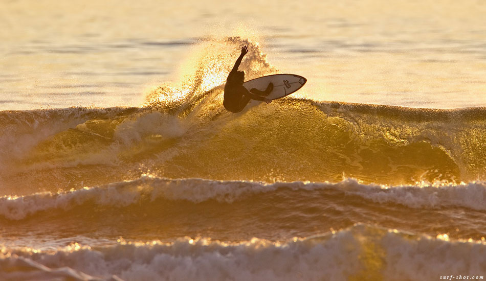 The waves were fun, not as big as the surf at west and northwest exposed breaks, but with lots of zippy, shifting peaks scattered over a large area with lots of waves to ride for the hungry crowd. Shane Steelman snags a beauty in the evening light. Photo: Chuck Schmid/<a href=\"https://surf-shot.com/\" target=\"_blank\">Surf-Shot.com</a>