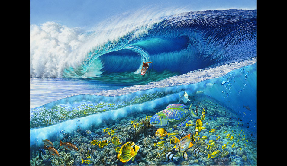 This is the painting for the lower half of the Ultimate Wave Tahiti movie poster. It\'s a fully detailed oil painting that took six weeks. Tim McKenna, a surf photographer in Tahiti, kindly provided me with all the wonderful photo references of the reef under Teahupoo. The Tahitian Tourist board requested the specific species of fish in the painting. I had to be super tight on the detail keeping in mind that the painting was going to be blown up for 30 foot banners to hang on the outside of the theaters. It\'s a really beautiful painting. The water blues are amazingly deep. I wish everyone could see the original.