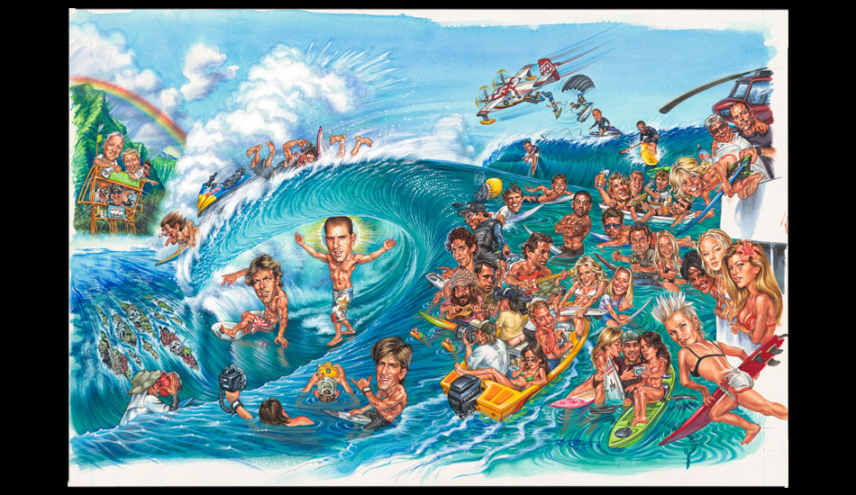 This is the more recent caricature piece I did for Chris Mauro at SURFER 25 years later (It almost made the cover). I ended up selling it to Kelly Slater. This actually became the inspiration for a series of posters for Billabong World Tour events in 2008. Andy Irons is pictured in a Teahupoo barrel in that painting – which is now very sadly a treasure.