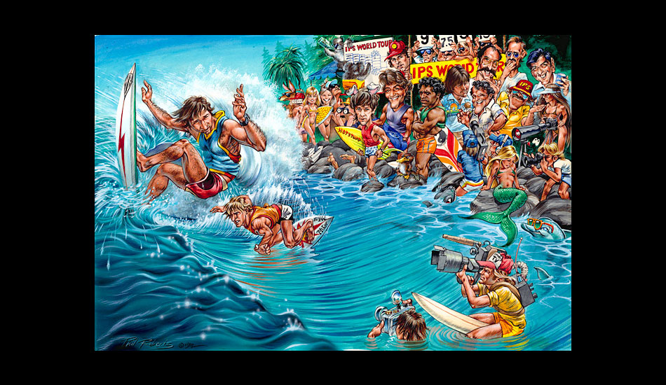 This was the cover of SURFER Magazine in Dec. 1982. I was 21 when I did that fresh out of art school. Gary Propper, the East Coast Surfing Champion, was my agent. Paul Holmes, the Editor at SURFER at the time, saw my double page ad for Sundek Surfwear of Florida with their pros at Sebastian Inlet and asked me to make one of the ASP World Tour for the cover. I had five days to paint that (during one of the best swells of the end of hurricane season). It\'s one of only four illustrated covers in SURFER’s history. The others were by John Severson, Rick Griffin and Bob Penuelas.