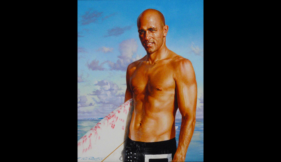 This is an 11\"x14\" oil on panel portrait of Kelly Slater for the Ultimate Wave Tahiti. I had to give him nicer open eyes and take out the grimacing brow ridge in his forehead from the photograph I used to make him sexier for the poster.