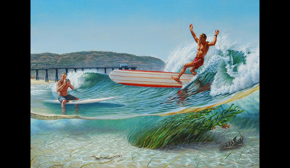 This is a 5\' oil painting on canvas portrait of Leroy Grannis taking that famous shot of Dewey Weber doing that hard cutback right in front of him at 22nd St. at Hermosa Beach 1966. It\'s the color painting version for the outdoor bronze I\'m sculpting for the City entrance. I did the painting to raise funds for the sculpture. It\'s on display at the Hermosa Beach Art Museum.