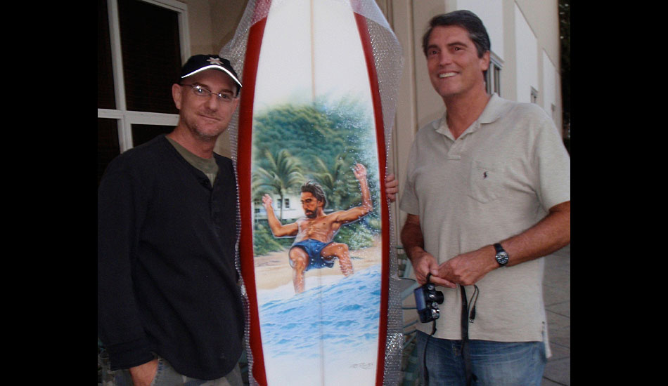 The Surfer’s Journal photo editor Jeff Divine and me with the re-creation of his photo of Gerry cutting back at Pipe. I love collaborating on these art boards. Couldn\'t do it without the photographers.