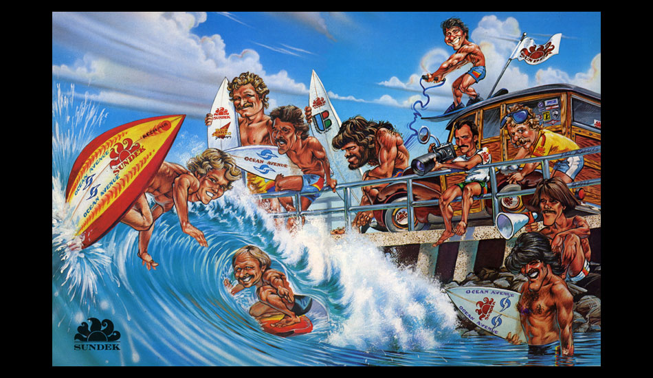 This is the painting that started it all. Unfortunately, the original art for Sundek is lost; there is a big reward for that painting if ever found. A footnote: in the Sebastian Inlet tube is Lewis Graves - father to Dylan Graves of Puerto Rico. And doing the cutback on the shoulder is Matt Kechele, Kelly Slater\'s coach in Florida. Ken Bradshaw is in the background.