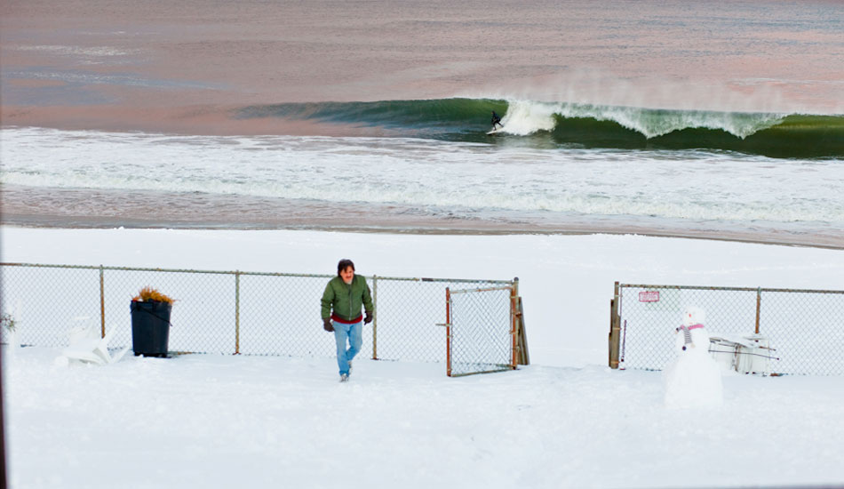 If you’re not a surfer, the idea of charging out in the water on a day like this is absolutely insane. The guy in the foreground figures it\'s just another day at Da Jersey Shore. Tyler Thompson knows otherwise.