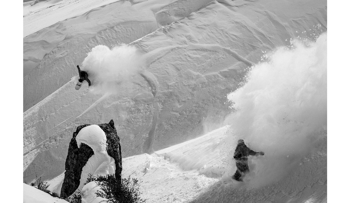 DCP chasing Josh Dirksen down a chute in Valdez, Alaska.   Friends are the best on powder days — that old saying is bullshit. Photo: <a href=\"https://www.adammoran.com/\">Adam Moran</a>