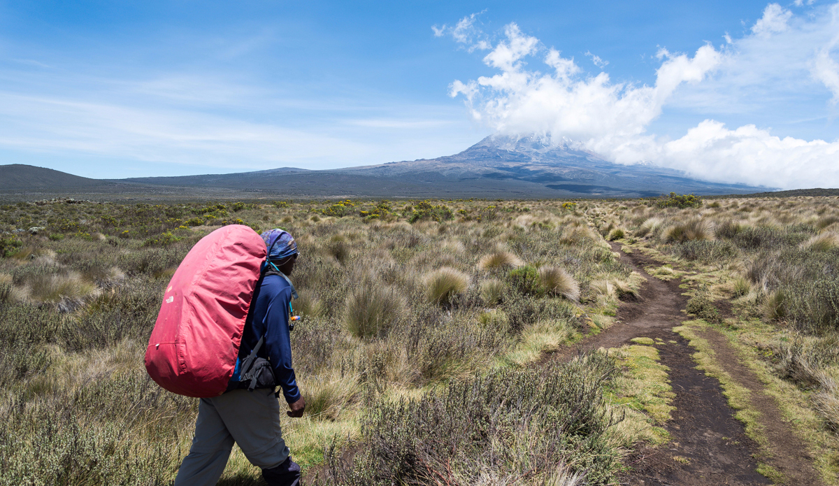 Crossing the Shira Plateau heading to Shira camp. Photo: <a href=\"https://charlesaudet.com/\">Charles Audet</a>