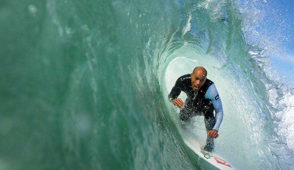 Kelly Slater. Quick breath during tube time. Photo: <a href=\"https://lowtiderising.com/\" target=_blank>Branden Aroyan/lowtiderising.com</a>