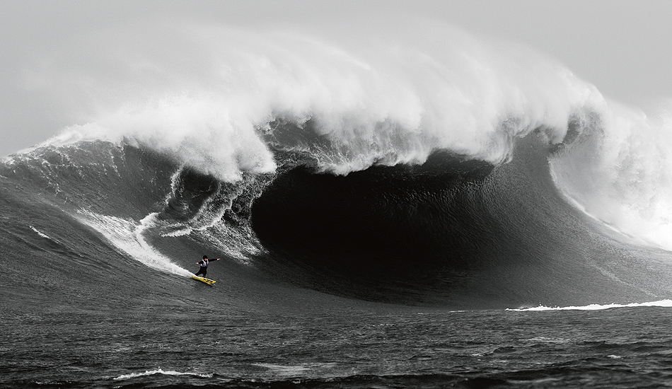 Zach Wormhoudt towing into a beast during the February 2005 Ghost Trees swell. Photo: <a href=\"https://instagram.com/migdailphoto\"> Seth Migdail</a>